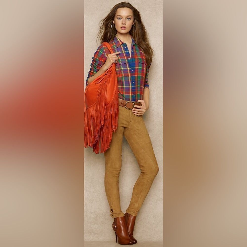 Ralph Lauren Bright Jewel-Tone Check Plaid Cotton Flannel Suede Patch Workshirt - Picture 5 of 16